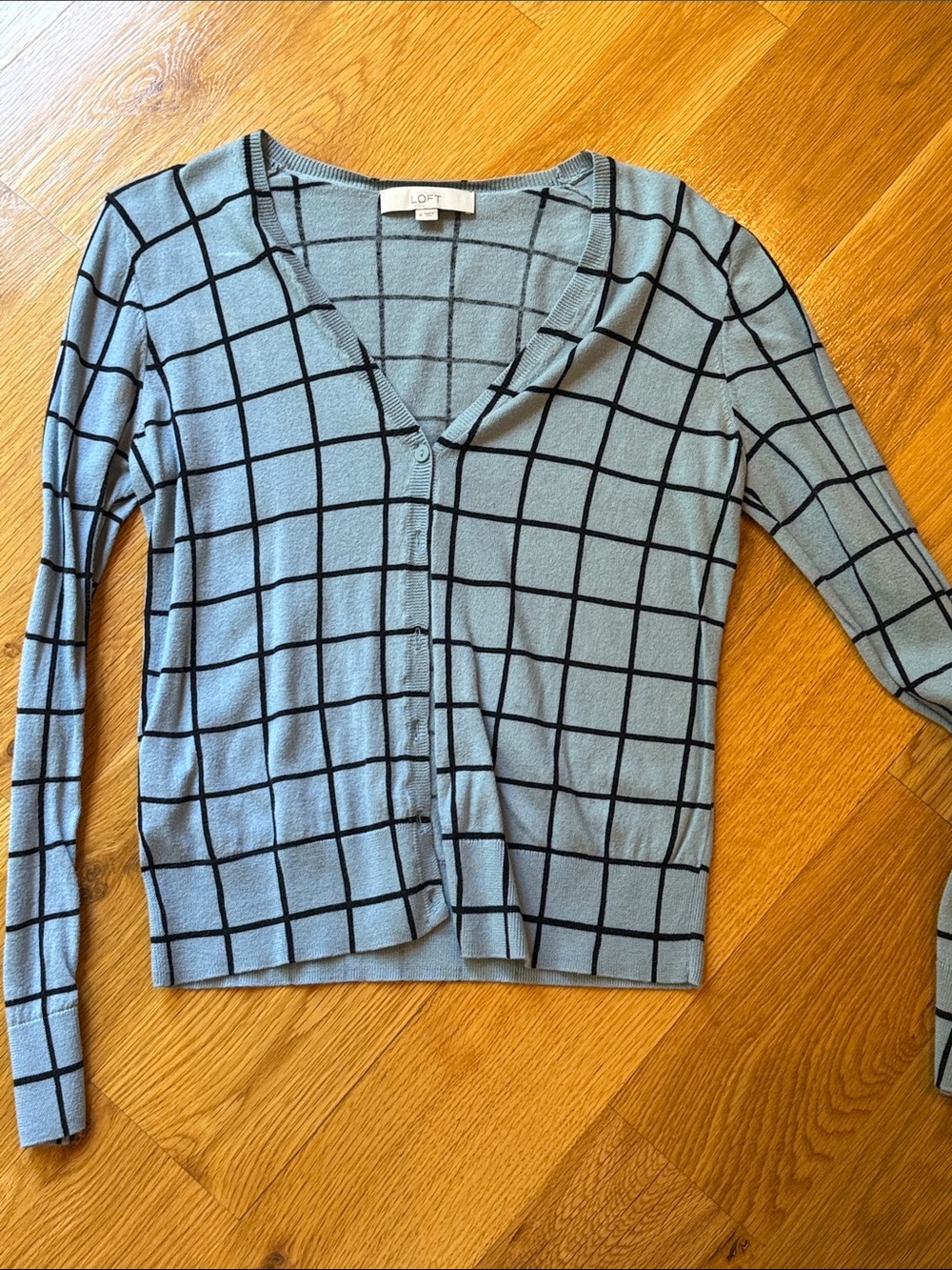 LOFT Blue Windowpane V-Neck Cardigan with Black Grid